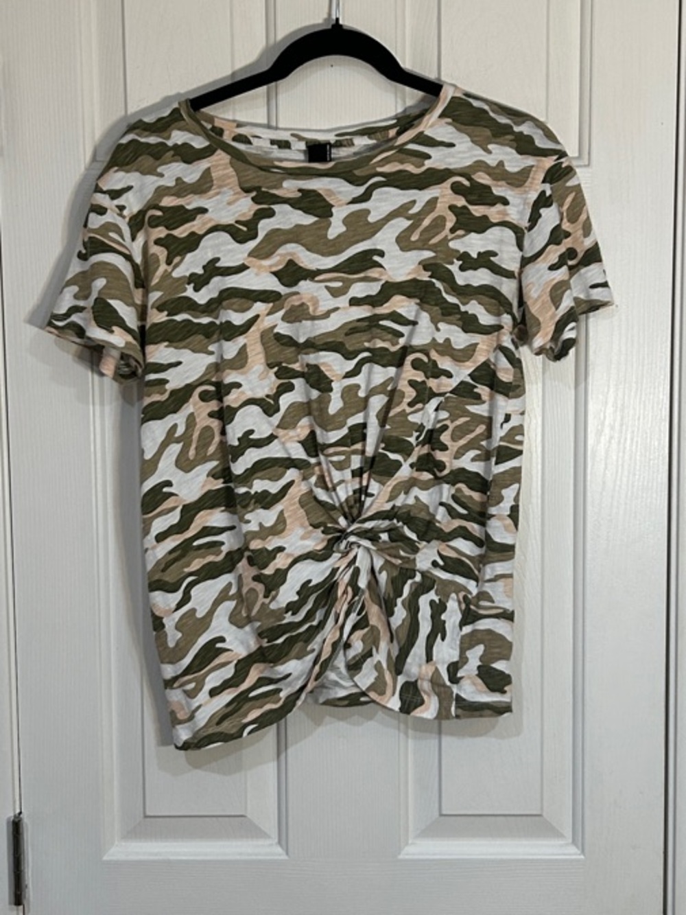 bobi Olive, Pink & White Camo Twist-Front Short Sleeve Cotton Tee MEDIUM